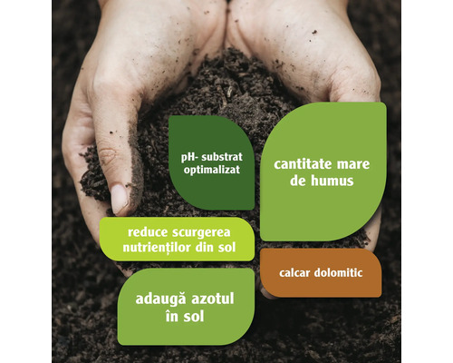 Pământ în mâini cu informații despre pH optimizat, humus, reducerea scurgerii nutrienților, adaos de azot și calcar dolomitic