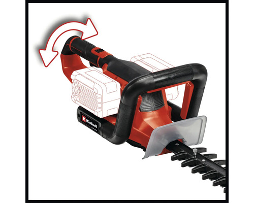 Foarfecă de gard viu cu acumulator Einhell cu mâner rotativ pentru tăiere flexibilă.