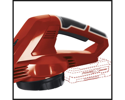 Prim-plan al unui aspirator de frunze cu acumulator roșu Einhell cu acumulator sugerat