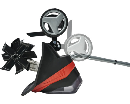 Imagine detaliată cu o freză de grădină cu roți și cuțite de frezare.