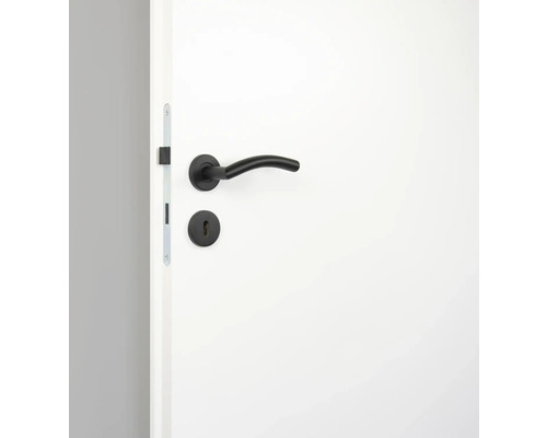 Ușă albă cu clanță și broască neagră