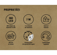 Proprietăți: 360 LED uri, 7 metri, interior/exterior, racord la curent, funcție timer (6 ore pornit/18 ore oprit), luminozitate reglabilă