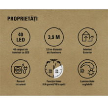 Proprietăți: 40 LED uri, distanță de 3,9 metri, interior/exterior, racord la curent, funcție timer (6 ore pornit/18 ore oprit), luminozitate reglabilă
