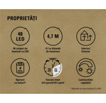 Proprietăți: 48 LED-uri, 4,7 metri, pentru interior și exterior, funcționează cu baterii, funcție de temporizare, variabilă