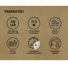 Proprietăți: 720 LED-uri, distanța de iluminare 71,9 metri, interior/exterior, racord la curent, funcție timer (6 ore pornit/18 ore oprit), luminozitate reglabilă
