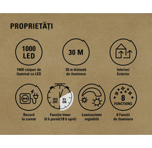Proprietăți: 1000 LEDuri, 30 metri, interior/exterior, racord la curent, funcție timer (6 ore pornit/18 ore oprit), luminozitate reglabilă, 8 funcții de iluminare