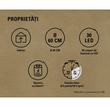 Proprietăți: Interior, diametru 60 cm, 30 LED-uri, funcționare pe baterii, funcție de temporizare (6 ore pornit/18 ore oprit)