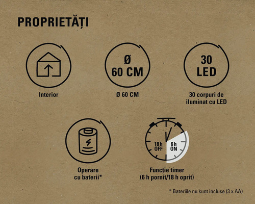 Proprietăți: Interior, diametru 60 cm, 30 LED-uri, funcționare pe baterii, funcție de temporizare (6 ore pornit/18 ore oprit)
