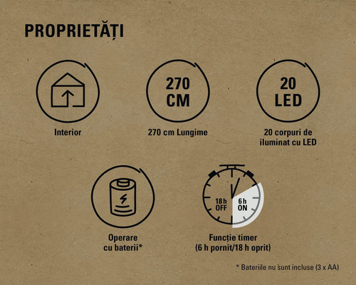 Proprietăți: Interior, lungime 270 centimetri, 20 LED-uri, funcționare cu baterii, funcție de temporizare (șase ore pornit / 18 ore oprit)