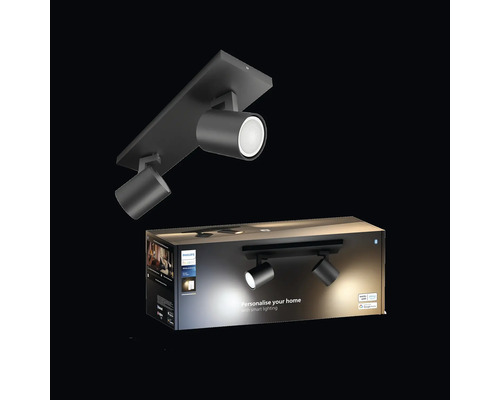 Spot LED Philips Hue White Ambiance cu două lumini și ambalajul produsului