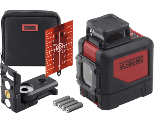 Laser cu linii în cruce J.C. Schwarz cu placă țintă, suport, baterii și geantă de transport