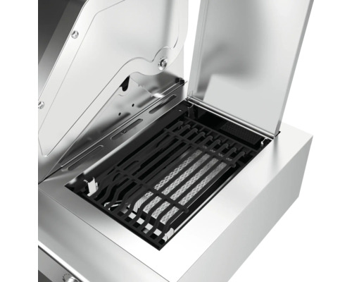 Imagine detaliată a unui grătar din oțel inoxidabil cu capac deschis și grătar