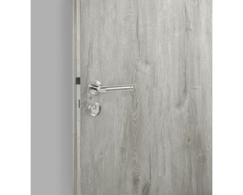 Ușă interioară gri cu clanță și broască argintie