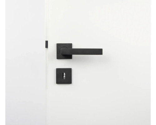 Feronerie neagră pentru uși interioare pe o ușă albă.