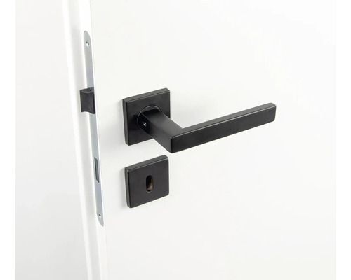 Mâner negru de ușă cu rozetă pătrată pe o ușă albă