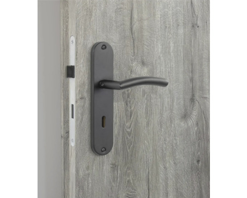 Mâner negru de ușă cu rozetă lungă pe ușa gri din lemn