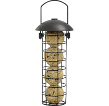 Distribuitor de hrană pentru păsări cu patru bulgări de grăsime într-o cușcă metalică