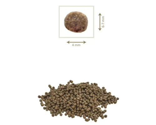 Imagine cu pelete pentru hrana peștilor, cu indicarea dimensiunilor