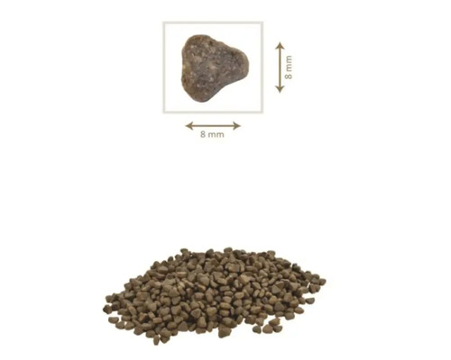 Grămadă de hrană uscată pentru câini, fiecare bucată având aproximativ 8 mm