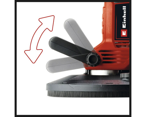 Prim-plan cu o mașină de canelat pereți Einhell cu mâner pivotant și săgeată roșie care indică rotația mânerului. Logo-ul Einhell vizibil.