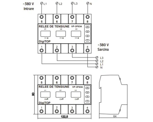 Diagramă releu de tensiune VP-3F63A cu dimensiuni