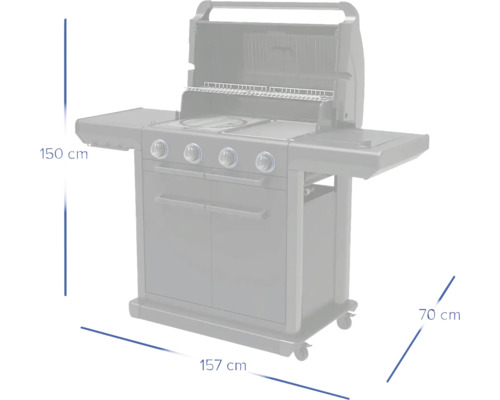 Grătar pe gaz cu dimensiunile înălțime 150 cm, lățime 157 cm, adâncime 70 cm