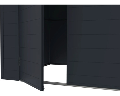 Imagine detaliată a unei magazii de grădină cu ușă glisantă