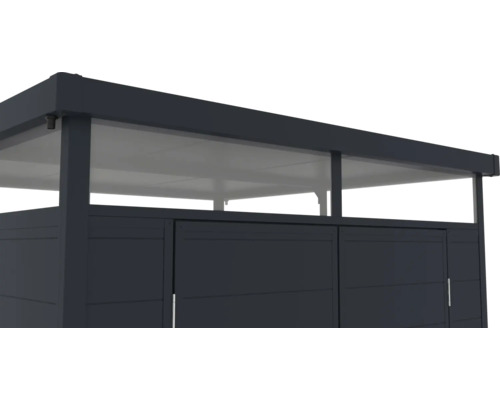 Vedere detaliată a unei magazii de grădină cu acoperiș plat