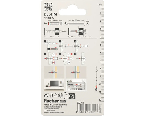 Ambalajul diblurilor Fischer DuoHM 4x55 S cu instrucțiuni de montaj și detalii tehnice