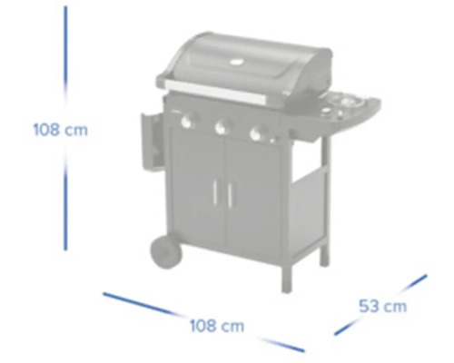 Grătar pe gaz cu o înălțime de 108 cm, o lățime de 108 cm și o adâncime de 53 cm.