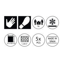 Imagine simbol: mână, amprentă de pantof, greutate, rezistență la îngheț, dimensiune placă 23x120 cm, indicație suprafață 1,38 m², conținut pachet 5 bucăți, fabricat în Spania