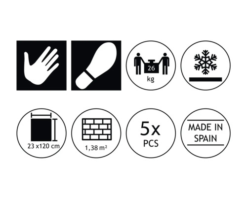 Imagine simbol: mână, amprentă de pantof, greutate, rezistență la îngheț, dimensiune placă 23x120 cm, indicație suprafață 1,38 m², conținut pachet 5 bucăți, fabricat în Spania