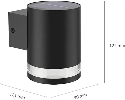 Lampă solară de perete cu dimensiunile de 122 mm înălțime, 121 mm lățime și 90 mm adâncime.