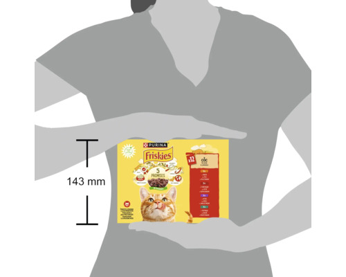 Pachet multiplu hrană pentru pisici Purina Friskies cu douăsprezece porții, prezentat cu indicarea înălțimii.