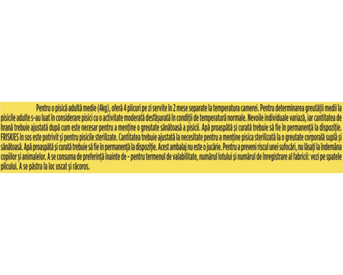 Informații despre hrănirea pisicilor Friskies, inclusiv cantitatea recomandată, instrucțiuni de depozitare și avertismente de siguranță.