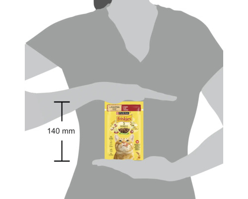 Plicule cu hrană pentru pisici Friskies cu indicarea înălțimii de 140 mm