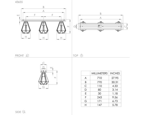 Desen tehnic al unei lămpi de tavan cu dimensiuni