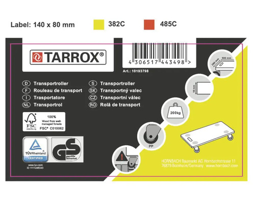 Etichetă cărucior de transport Tarrox cu detalii tehnice și certificări