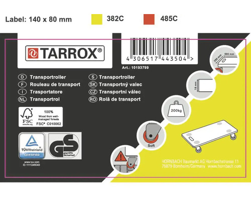 Logo Tarrox, sigiliul FSC, sigiliul TUEV Rheinland, sigiliul Gepruefte Sicherheit, codul de bare, detalii despre produs și dimensiunile rolei de transport