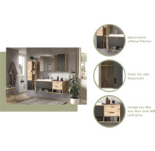 Baie cu lavoar, dulap cu oglindă și dulap înalt cu aspect de lemn și gri