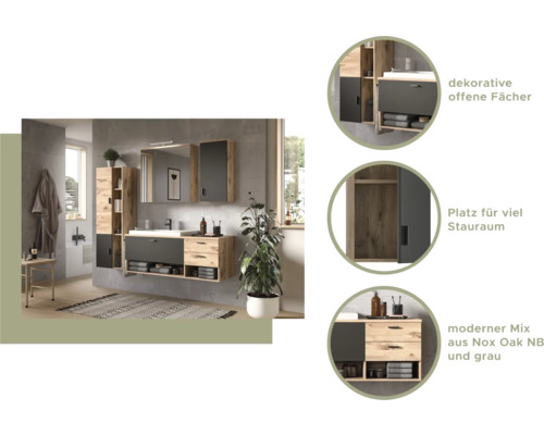 Baie cu lavoar, dulap cu oglindă și dulap înalt cu aspect de lemn și gri