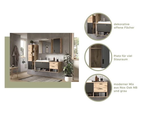 Baie modernă cu dulap sub lavoar, dulap cu oglindă și dulap înalt cu aspect de lemn și gri pentru mult spațiu de depozitare