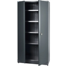 Dulap gri din oțel cu rafturi și uși deschise