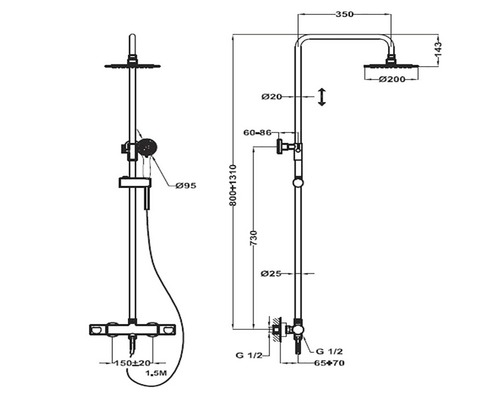 Desen tehnic al unui set de duș cu dimensiuni