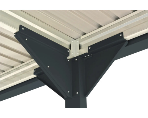 Vizualizare detaliată a unei construcții de pavilion cu racorduri metalice de colț