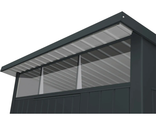 Imagine detaliată a unei căsuțe de grădină cu acoperiș metalic