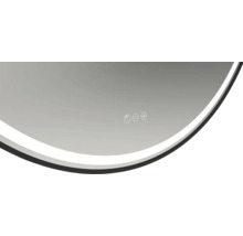 Vedere detaliată a unei oglinzi rotunde cu lumină și panou de control