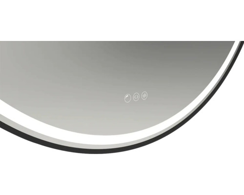 Vedere detaliată a unei oglinzi rotunde cu lumină și panou de control