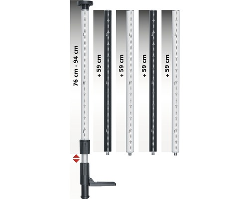 Mira telescopică de nivelment cu o lungime de 76 până la 94 de centimetri și piese de prelungire de câte 59 de centimetri