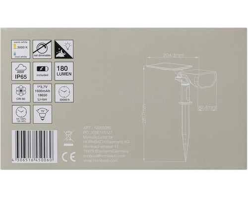 Informații despre lampa solară cu detalii tehnice și simboluri